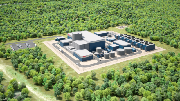 A computer-generated image depicts a Holtec Small Modular Reactor. The plant is surrounded by green trees.